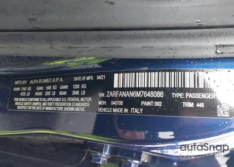 2021 Alfa Romeo Giulia Awd from USA, damaged, VIN ZARFANAN6M7648086